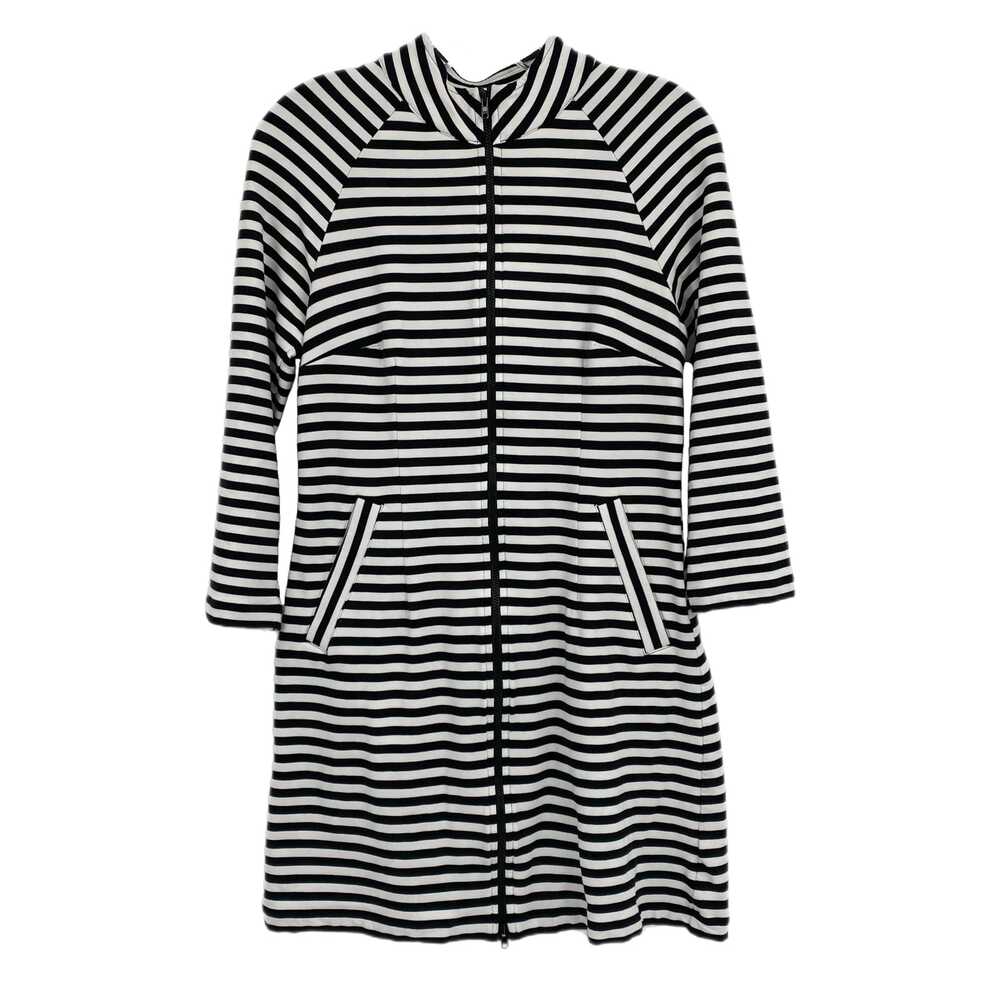 CAbi Black White Striped Long Zip-Up Jacket | Size XS
